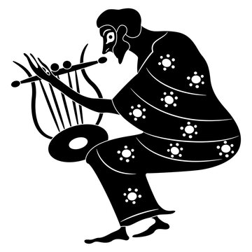 Seated ancient Greek man playing harp. Antique musician. Vase painting style. Black and white negative silhouette.