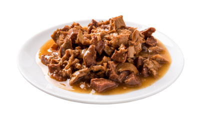 Wet cat food on a white plate cutout. Feeding plate full of meat and liver pieces in a sauce for cats isolated on a white background. Canned meat for domestic pet animals concept.
