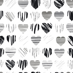 Seamless black and white pattern with hand drawn hearts. Brush texture.