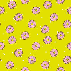 Seamless donut patter, Vibrant colors doughnuts repeat print,  Sweet treat ornament, Wrapping paper design,  Cartoon style pink donuts background,  Blue spronkles and pink glaze donut ornament