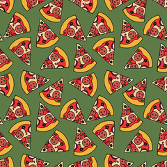 Pizza slice seamless pattern, Fast food repeat print, Take away background, Wrapping paper design,  Fabric pattern, Italian  pizza with pepperoni, olives, cheese