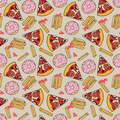 Seamless fast food pattern, Doodle food repeat print, Junk food background, Take away wallpaper, Pizza, fries and donut ornament.