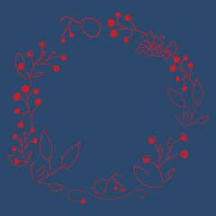 Vector. Merry Christmas and Happy New Year floral background, copy space for text. Rustic circle frame template for Christmas cards, wedding invitations, party invitations. Hand-drawn sketch.