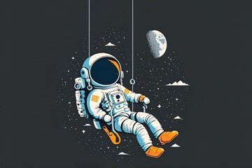 Astronaut Hanging On Moon Cartoon 2D Illustrated Icon Illustration. Science Technology Icon Concept Isolated Premium 2D Illustrated. Flat Cartoon Style