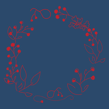 Vector. Merry Christmas and Happy New Year floral background, copy space for text. Rustic circle frame template for Christmas cards, wedding invitations, party invitations. Hand-drawn sketch.