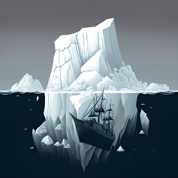 Sunken Sailing Ship Under a Huge Iceberg. [Digital Vexel Illustration , Sci-Fi Fantasy Horror Background, Graphic Novel, Postcard, or Product Image]