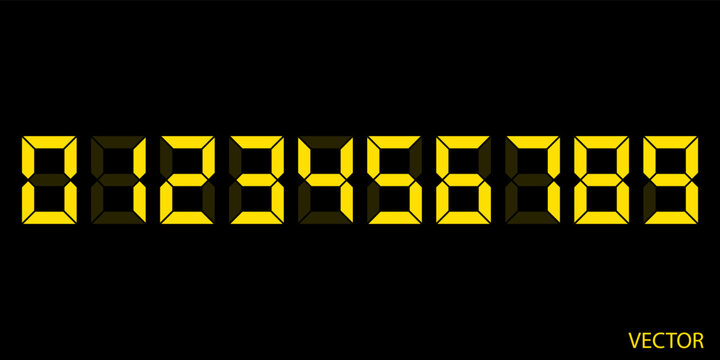 Zero to Nine Yellow digital electronic clock numbers set. LCD LED digit set for the counter, clock, calculator mockup in flat style design for website, app, UI, isolated on black background. Vector.