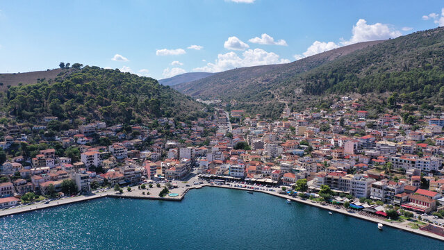 Aerial drone photo of small seaside town of Amfilochia in Ambracian gulf, central Greece