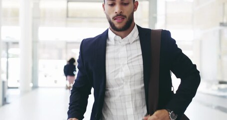 Business man, running late and in rush to office, meeting or interview with tablet and watch to check time. Male entrepreneur moving fast, panic or in hurry to urgent appointment after delay