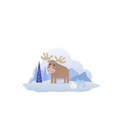 Moose cartoon illustration in winter background 