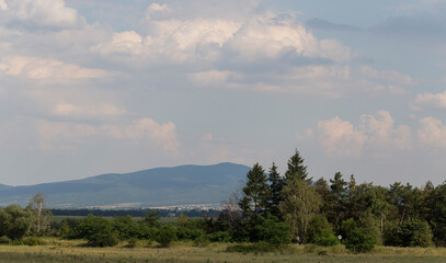 Panoramic terrain of southern Europe. Landscape of Bulgaria-mountains, fields, flora.