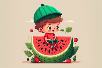 Cute Boy On Watermelon Cartoon 2D Illustrated Icon Illustration. People Food Icon Concept Isolated Premium 2D Illustrated. Flat Cartoon Style