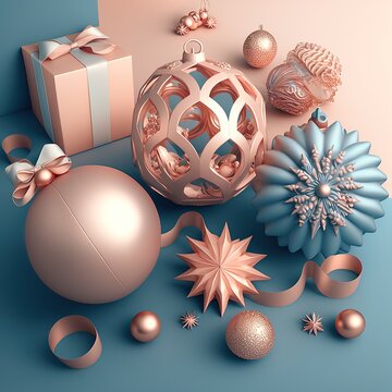 Template of realistic Christmas and New Year stories. Rose gold and blue decorative elements, gift boxes, balls, stars, snowflakes. 3d illustration