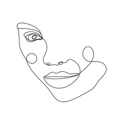 Continuous one line drawing of woman face. Hand drawn line art, fashion concept, feminine beauty minimalist. Print, illustration for t-shirt, design, logo for cosmetics, etc