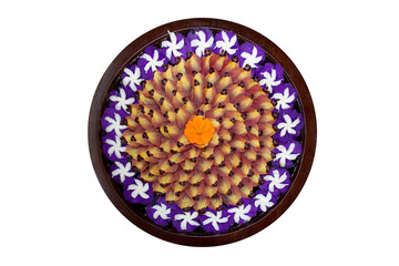 Ornately decorated exotic flower bowl, close-up.