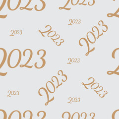 Seamless pattern of happy new year 2023 gold text on light grey background. This pattern use for wrapping paper, surface design, wallpapers, fabrics and etc. Vector illustration.