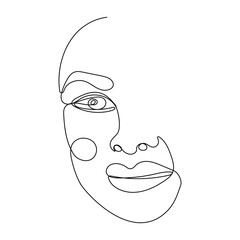 Continuous one line drawing of woman face. Hand drawn line art, fashion concept, feminine beauty minimalist. Print, illustration for t-shirt, design, logo for cosmetics, etc
