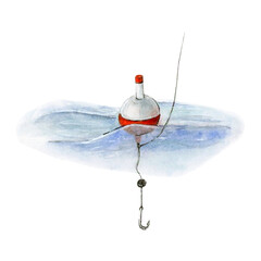 Fishing hook and bobber splash. Watercolor drawing of a fish hook under water isolated on a white...