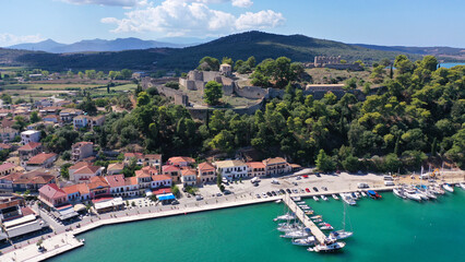 Aerial drone photo of iconic medieval castle built in small hill overlooking city of Vonitsa, Ambracian gulf, Greece