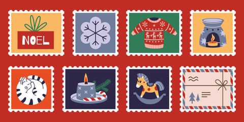Set of cute hand-drawn post stamps with Christmas and New Year attributes, gift, cat, sweater, candle. Trendy vector illustartions in Cartoon style.