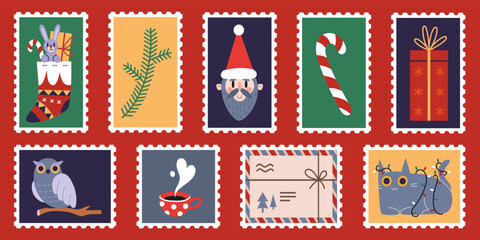 Set of cute hand-drawn post stamps with Christmas and New Year attributes, santa claus, candy cane, cat. Trendy vector illustartions in Cartoon style.