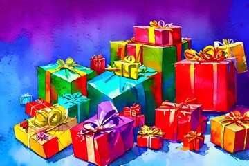 It's Christmas time and there are gifts piled up high under the tree. Each one is wrapped in brightly colored paper and topped with a bow. Presents for everyone to enjoy! - obrazy, fototapety, plakaty