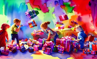 The kids are eagerly opening their Christmas gifts. They rip off the wrapping paper to reveal what Santa has brought them. Their faces light up with excitement as they hold their new toys close.