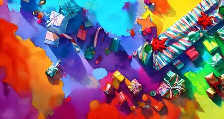 The Christmas gifts are wrapped in colorful paper and topped with bows. They sit under the tree, waiting to be opened on Christmas morning.