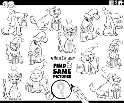 find two same cartoon pets with Christmas gifts coloring page