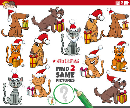 find two same cartoon pets characters with Christmas gifts