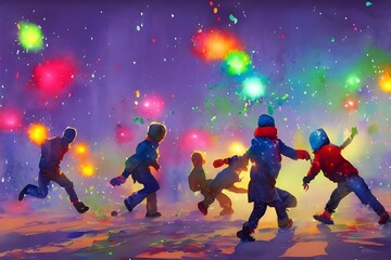 The kids are throwing snowballs and having a blast. They're laughing and enjoying the winter weather.