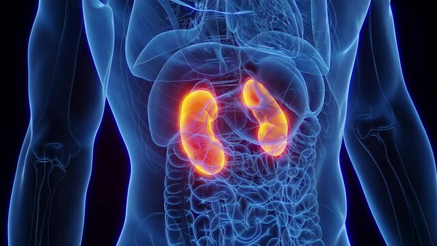 3d rendered medical animation of a man's healthy kidneys