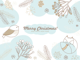 Corporate holiday background with Christmas tree, birds, luxury and copy space. Universal, artistic, vector template.
