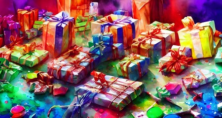 The room is filled with presents of all shapes and sizes. Some are wrapped in bright paper, others in plain brown. ribbons and bows everywhere.