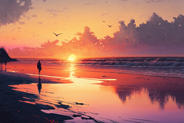 Sunset at the beach - illustration, oil painting style