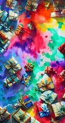Fototapeta premium The room is filled with presents of all shapes and sizes. Mountains of wrapping paper lay scattered on the floor, along with torn up ribbon and bits of tissue paper. It looks like a snowstorm hit in h