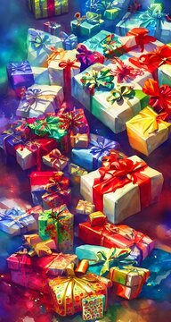 The picture shows a pile of presents with brightly wrapped packages and ribbons. The gifts are piled high, and some are toppling over. It looks like a lot of fun to open these presents!