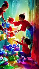 The kids are excitedly tearing at the wrapping paper, revealing their Christmas gifts. Toys and clothes are strewn about as they eagerly try out their new presents. Laughter and squeals of delight fil