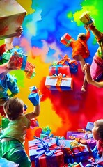 The kids are excitedly tearing open their Christmas gifts. They laugh and cheer as they discover what's inside each box.