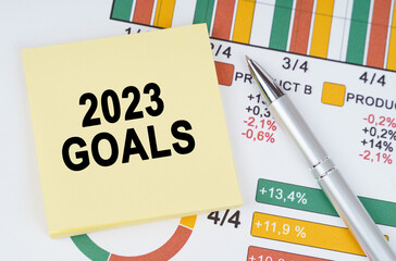 On the business charts are a pen and stickers with the inscription - 2023 goals