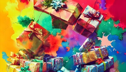 The room is filled with presents of all shapes and sizes. Ribbons and wrapping paper are strewn about, adding to the festive atmosphere.Colorful lights cast a warm glow over the scene, making it feel 