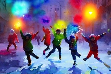 It's winter and the kids are playing outside, throwing snowballs at each other. They're laughing and having a great time.