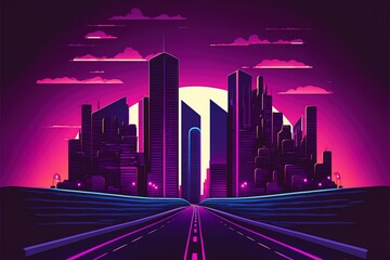 Road To Night City, Empty Highway And Glowing Skyline With Futuristic Urban Architecture, Megapolis Infrastructure With Modern Skyscraper Buildings, Purple Neon Background, Cartoon 2D Illustrated