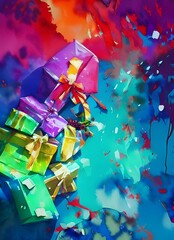 The Christmas gifts are wrapped in red and green paper, with golden bows. They sit under the tree, waiting to be opened.