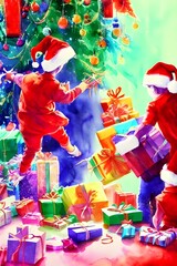 The kids are excitedly tearing open their presents. They're laughing and cheering as they discover what's inside. Each gift is more exciting than the last, and they can't wait to see what else Santa h