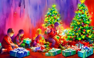 Obraz na płótnie Canvas The kids are excitedly tearing open their Christmas gifts. There's laughter and squeals of delight as they discover what's inside each box. Their parents are watching with happy smiles on their faces,