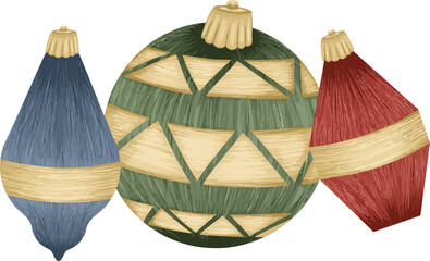Christmas tree toys, vector detailed tree toys art. Fancy, golden, elegant decorations.