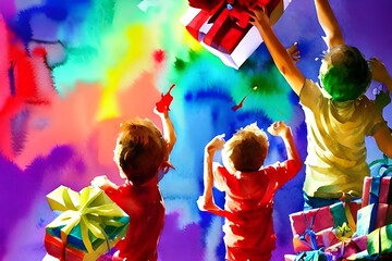 The kids are eagerly tearing open their presents, giggling with excitement as they discover what Santa has brought them.