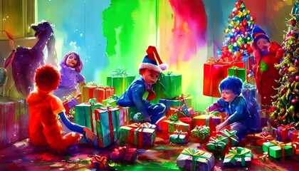 The kids are eagerly ripping open their presents. They're squealing with delight and falling over themselves in excitement. It's a chaotic scene, but a happy one.