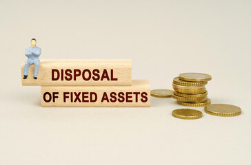 On the table are coins, wooden plates with the inscription - Disposal of fixed assets